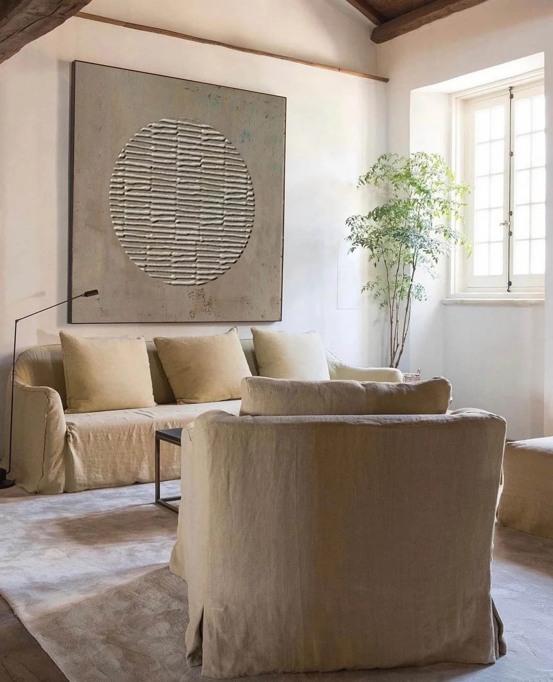 3D Minimalist Abstract Oil Painting with Textured Brown Circle #JJ 013