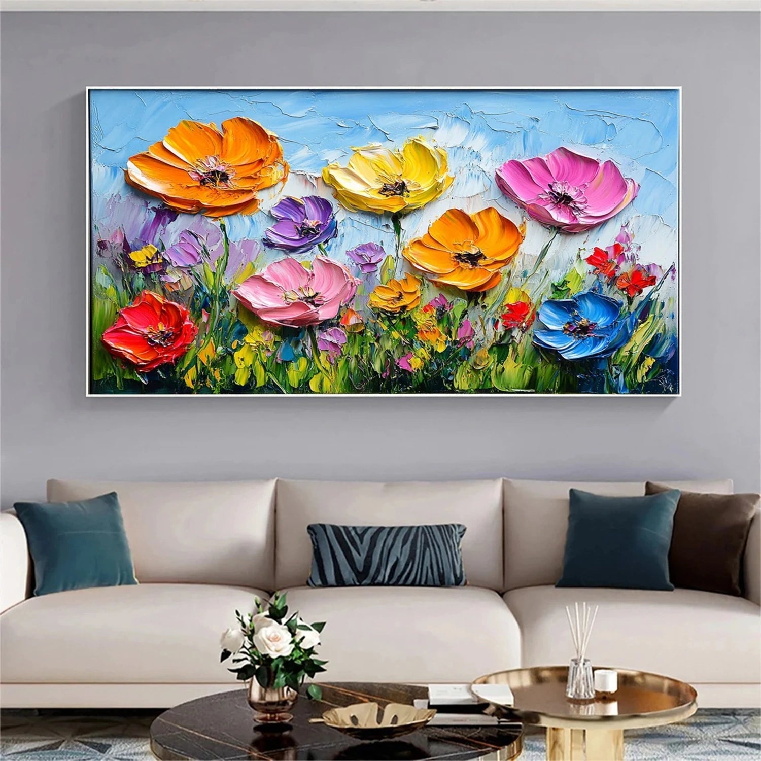 Vibrant Floral Masterpiece: Hand - Painted Oil Painting for Living Room Decor
