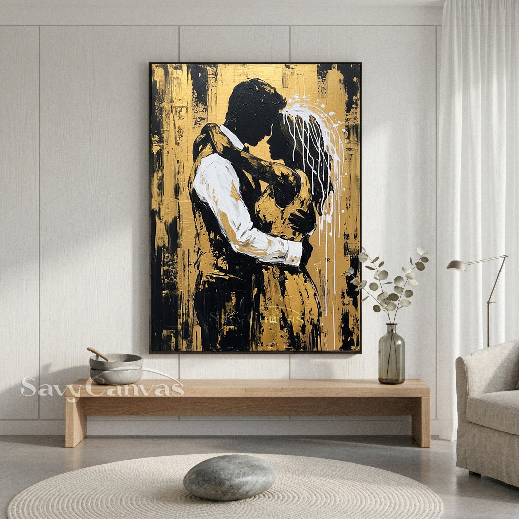 Textured Gold Leaf Palette Knife Painting - Romantic Silhouette #SS 090