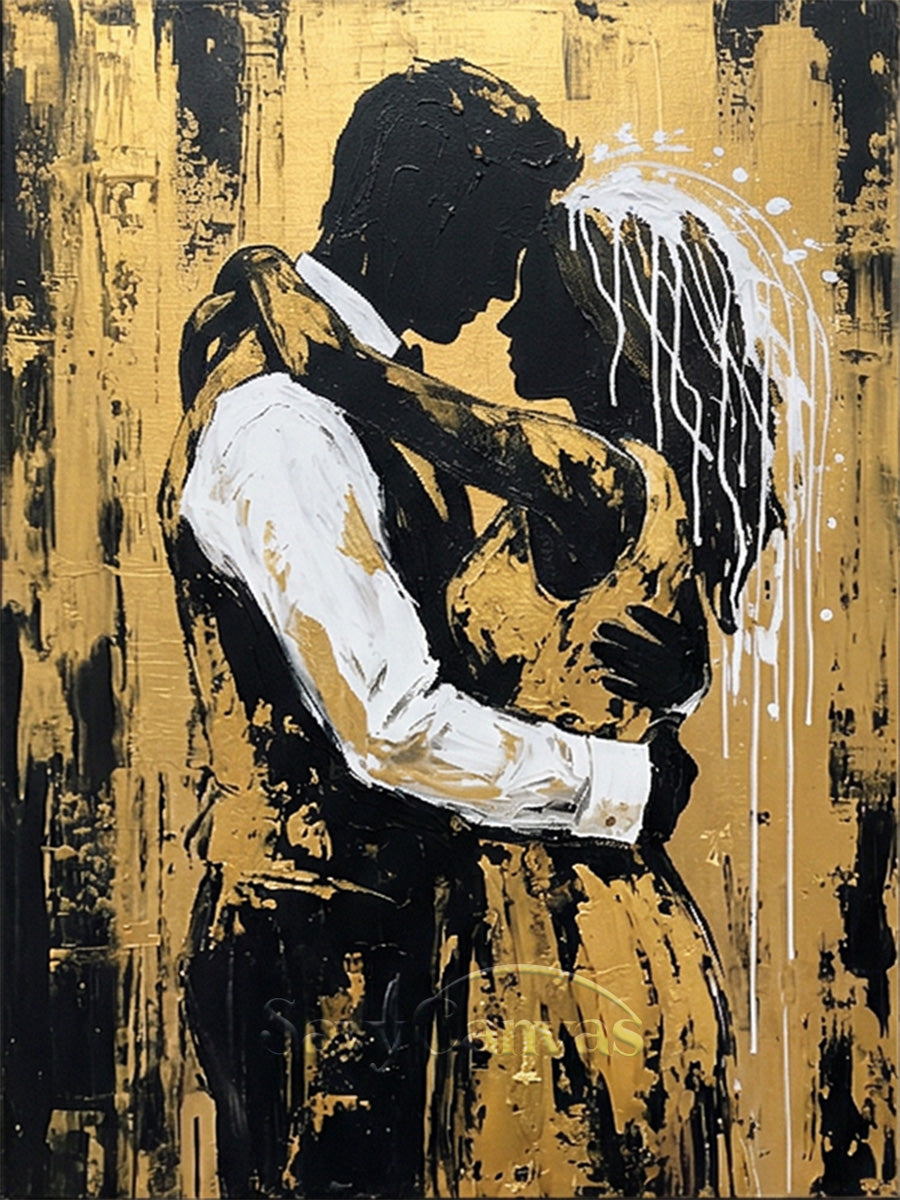 Hand-painted romantic couple hugging oil painting with gold leaf accents on black background