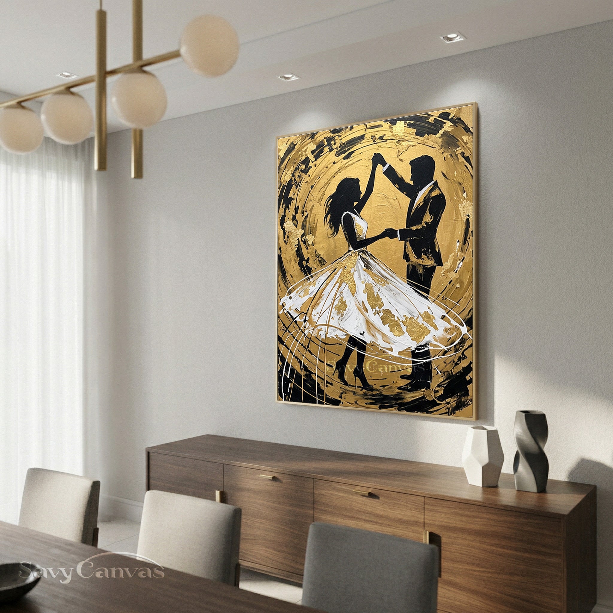 Gold Leaf Dancing Couple Oil Painting | Modern Romantic Wall Art #SS 091