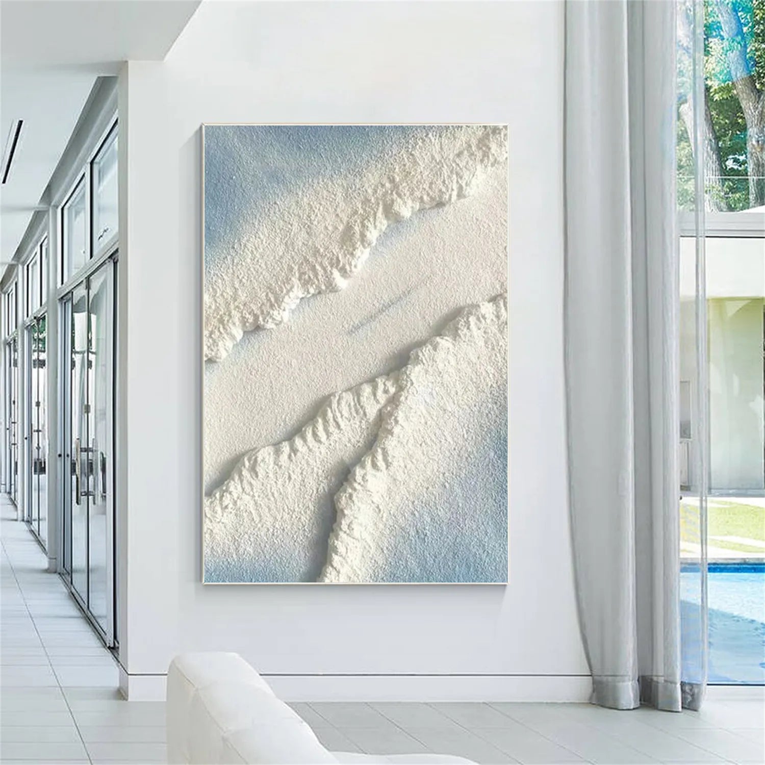 Blue and White Textured Beach Abstract Oil Painting - Modern Serene Art # JJ 125