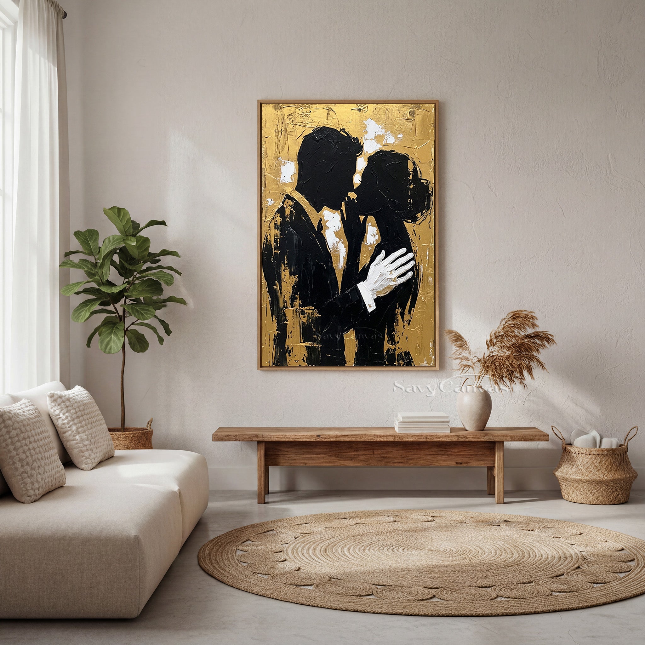 Luxury Gold Leaf Couple Silhouette Oil Painting | Handmade Wall Art #SS 092