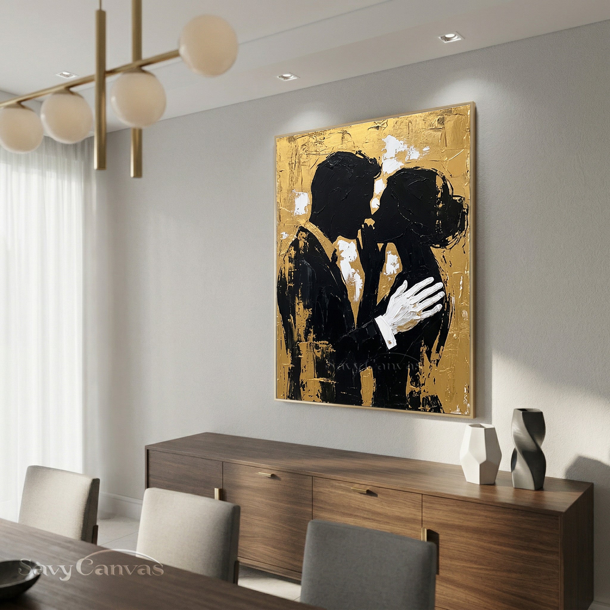 Luxury Gold Leaf Couple Silhouette Oil Painting | Handmade Wall Art #SS 092