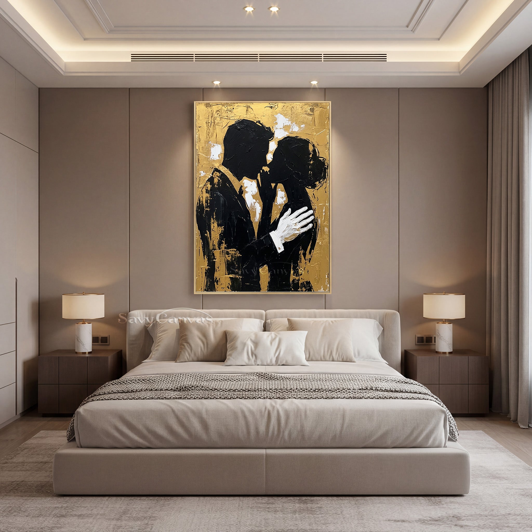 Luxury Gold Leaf Couple Silhouette Oil Painting | Handmade Wall Art #SS 092