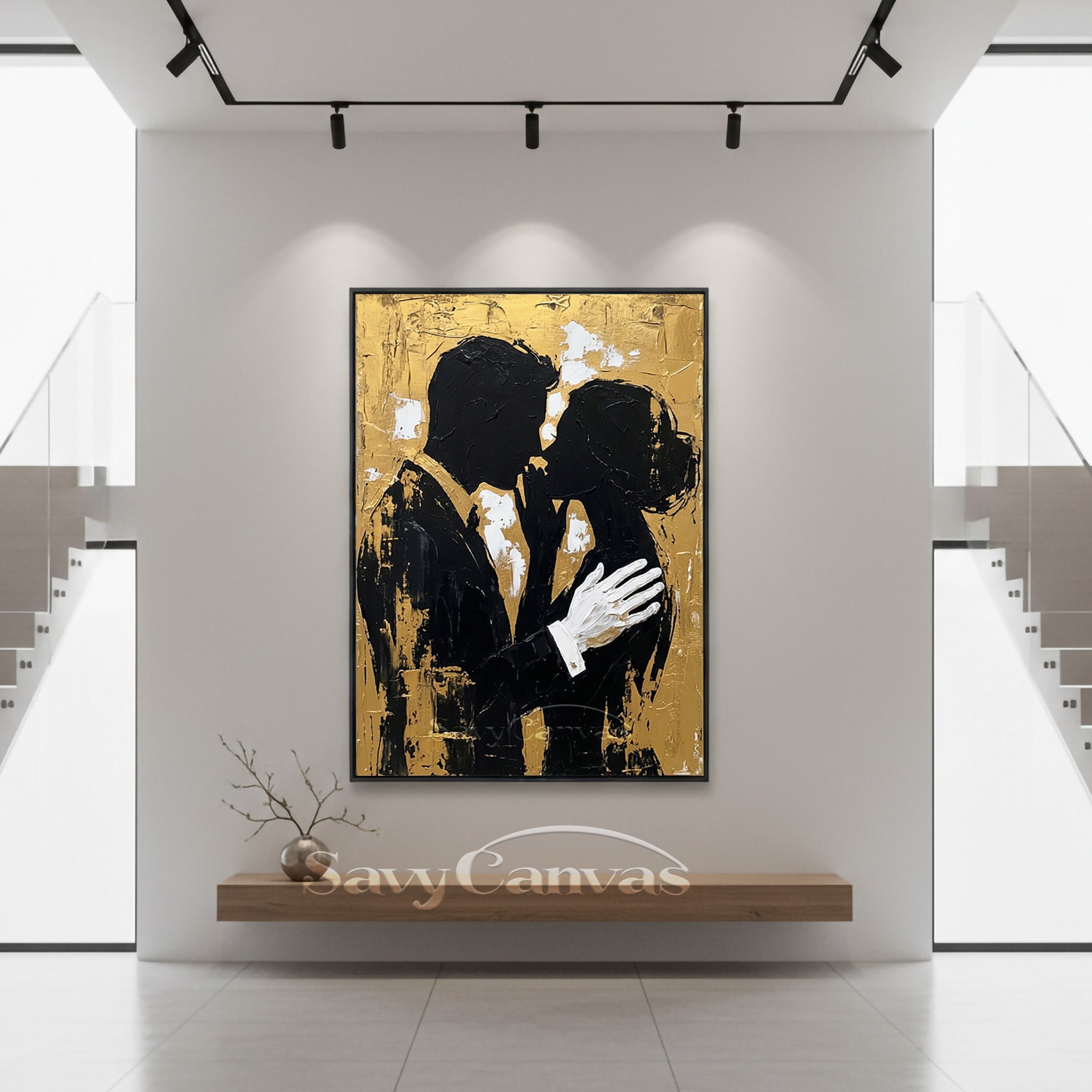 Luxury Gold Leaf Couple Silhouette Oil Painting | Handmade Wall Art #SS 092