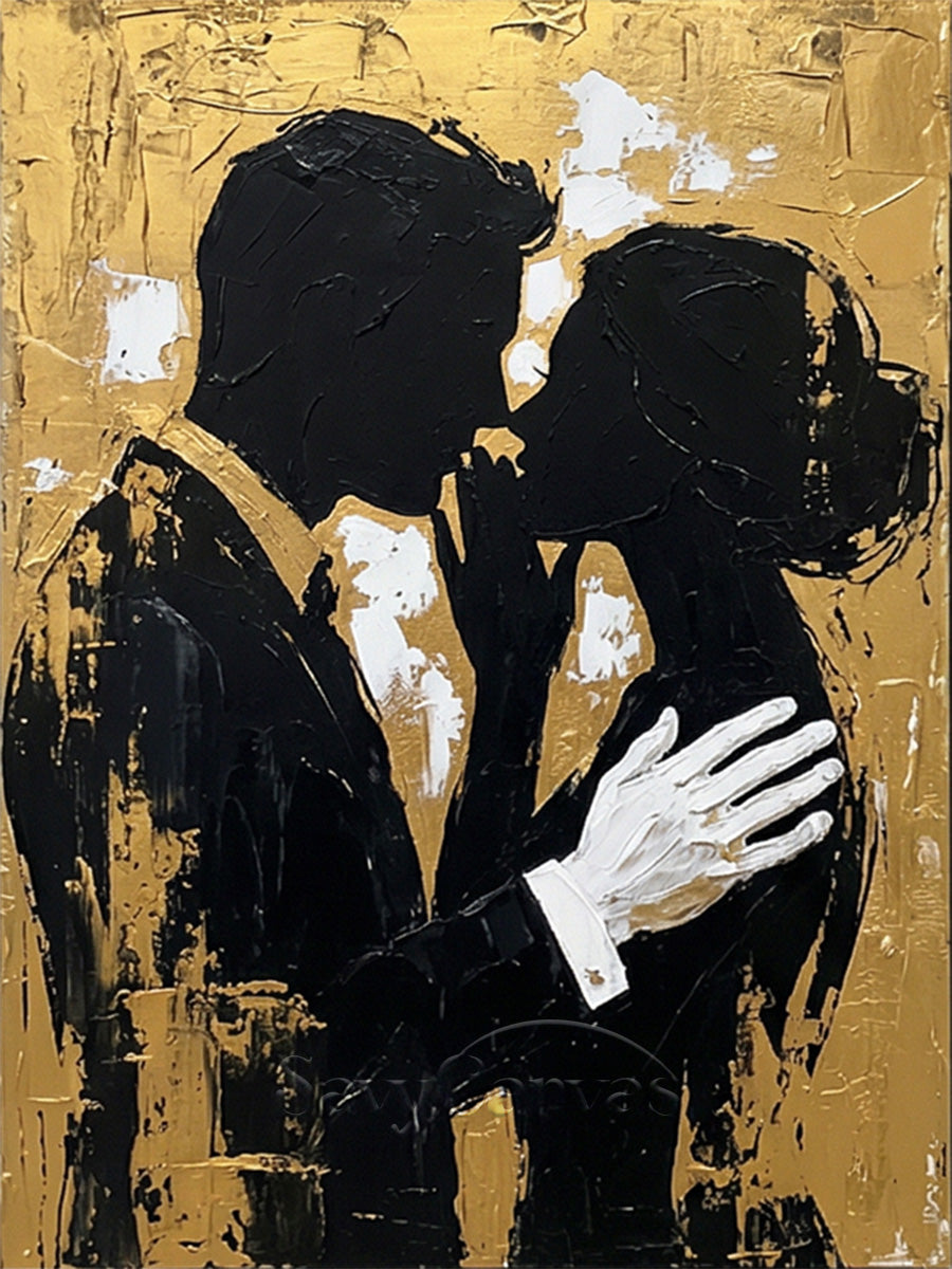 Romantic Couple Silhouette Painting | Gold & Black Textured Wall Art