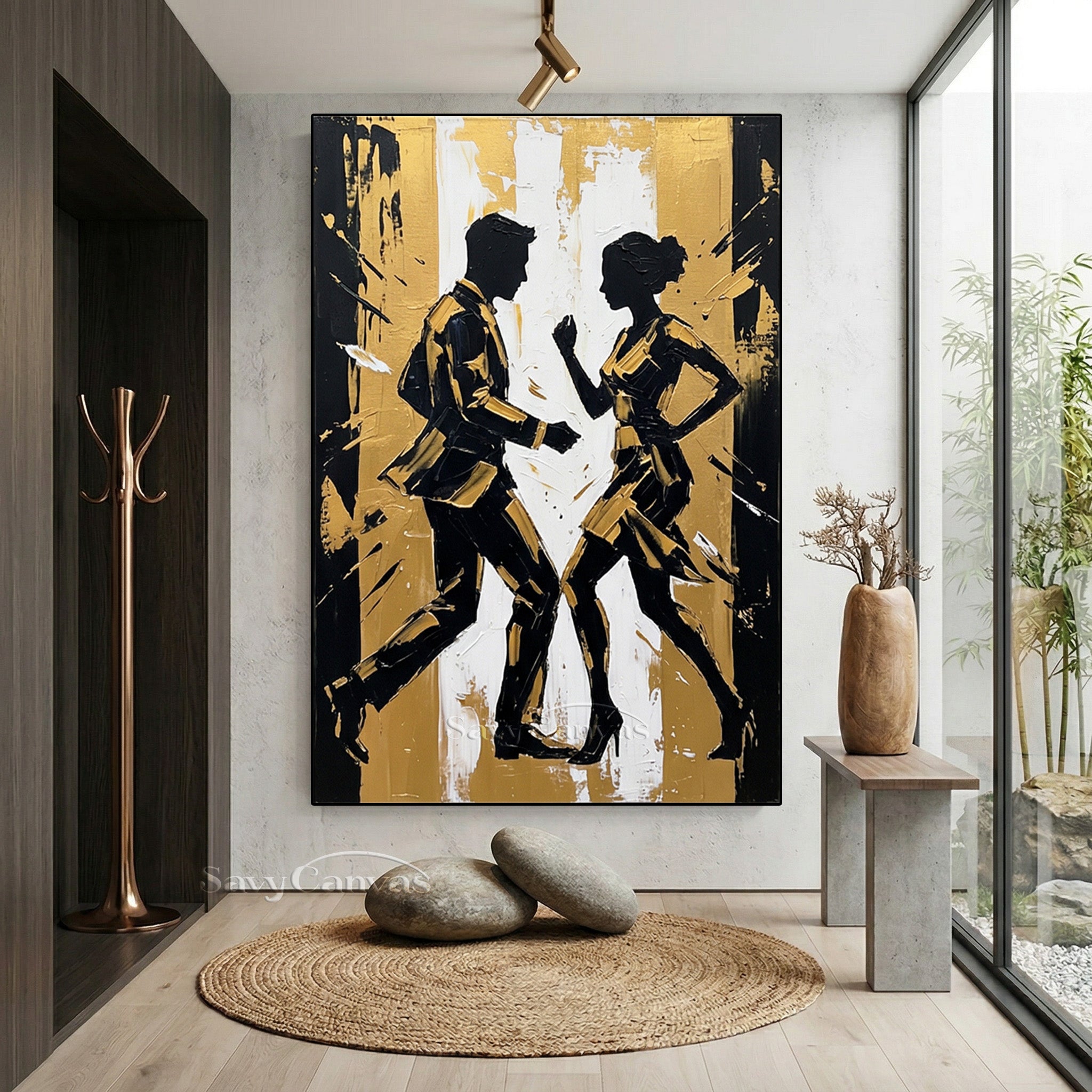 Modern Gold Leaf Silhouette Dancing Couple Handmade Oil Painting #SS 093