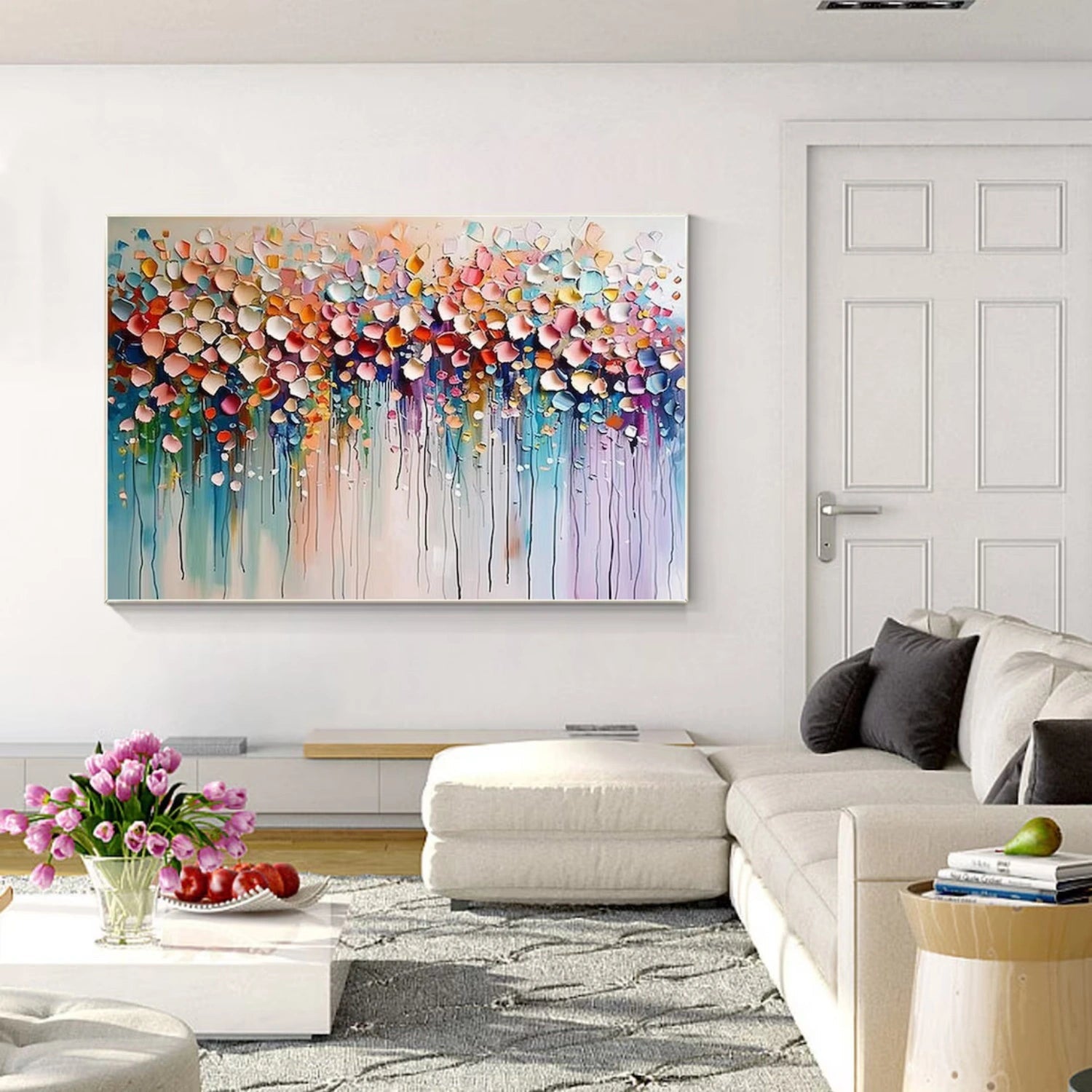 Modern Home Decor: Hand - Painted Oil Painting with Floral Accents