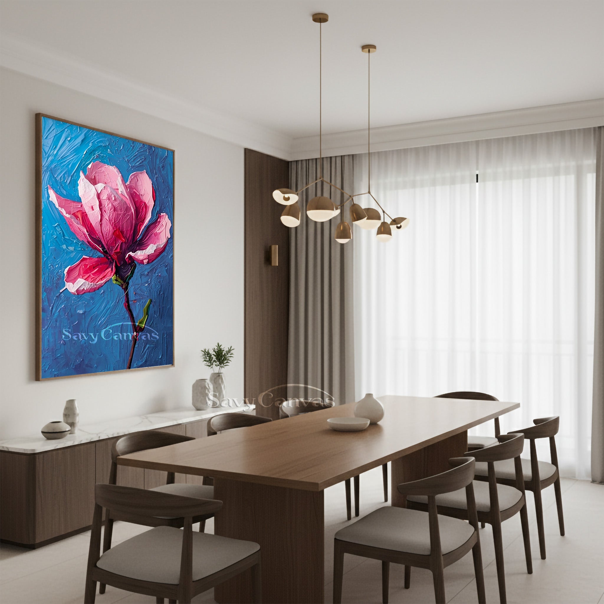 Modern Floral Oil Painting on Canvas | Pink Magnolia Wall Decor #SS 168