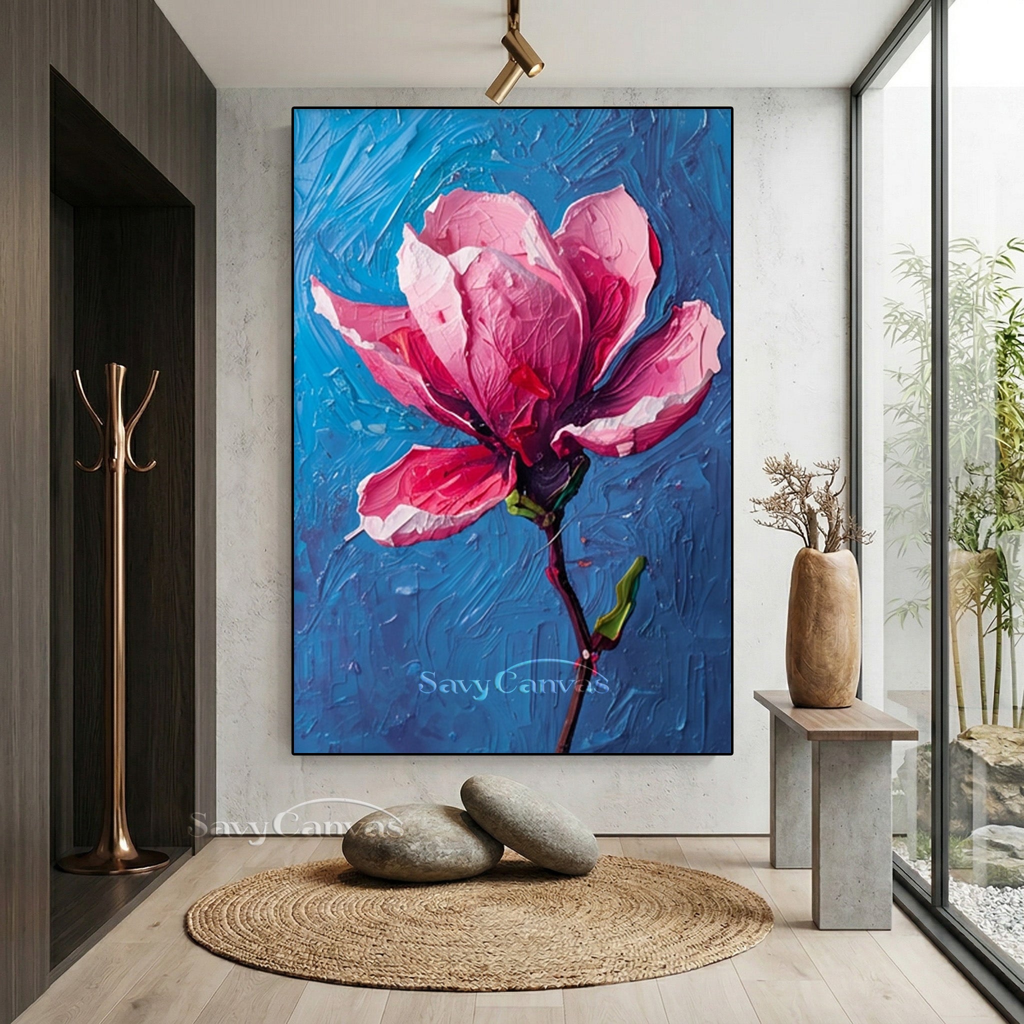 Modern Floral Oil Painting on Canvas | Pink Magnolia Wall Decor #SS 168