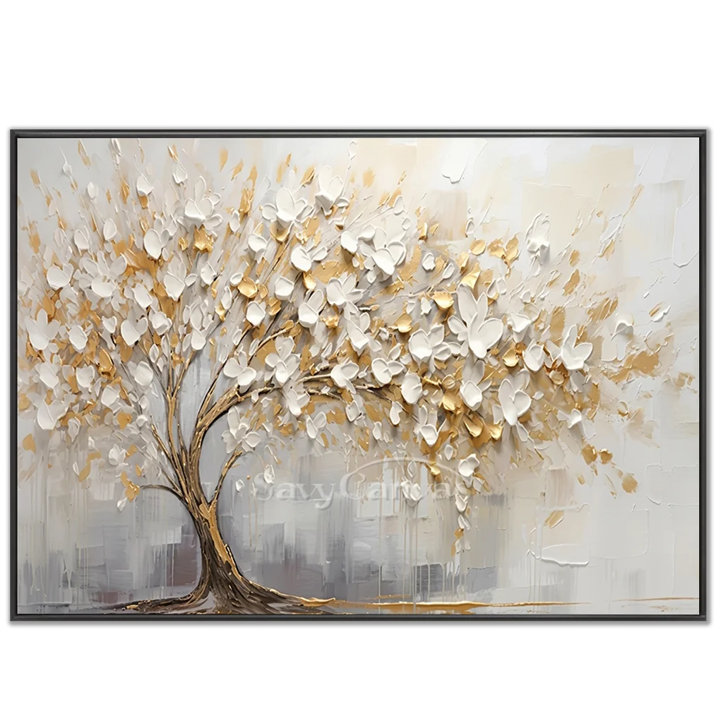 3D Blossom Tree Painting, Handmade White Gold Canvas Artwork  #TC 069