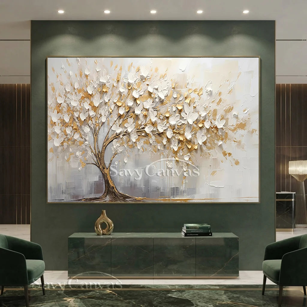 3D Blossom Tree Painting, Handmade White Gold Canvas Artwork  #TC 069