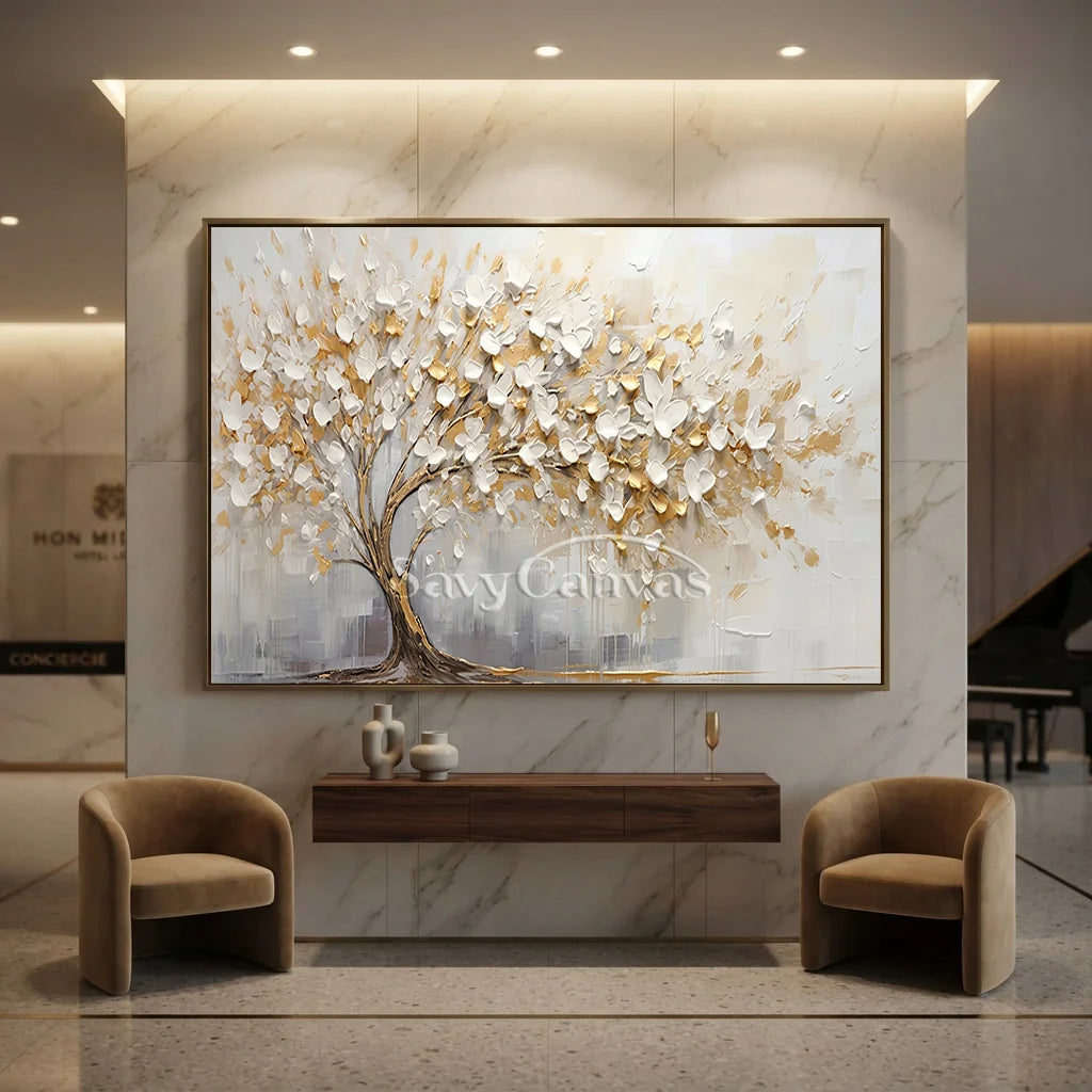 3D Blossom Tree Painting, Handmade White Gold Canvas Artwork  #TC 069