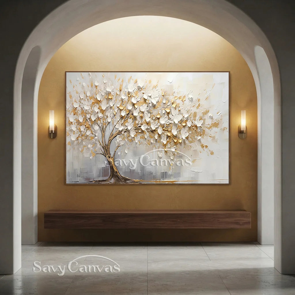 3D Blossom Tree Painting, Handmade White Gold Canvas Artwork  #TC 069