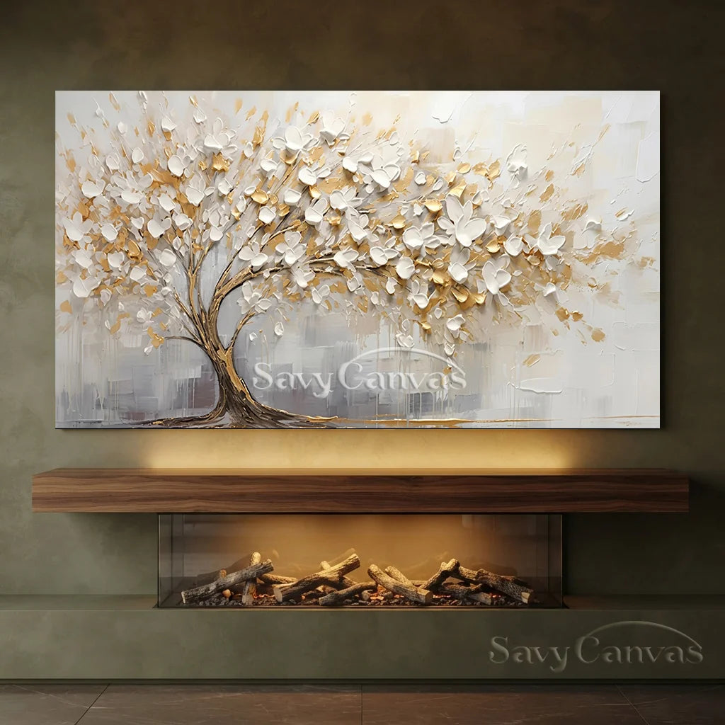 3D Blossom Tree Painting, Handmade White Gold Canvas Artwork  #TC 069
