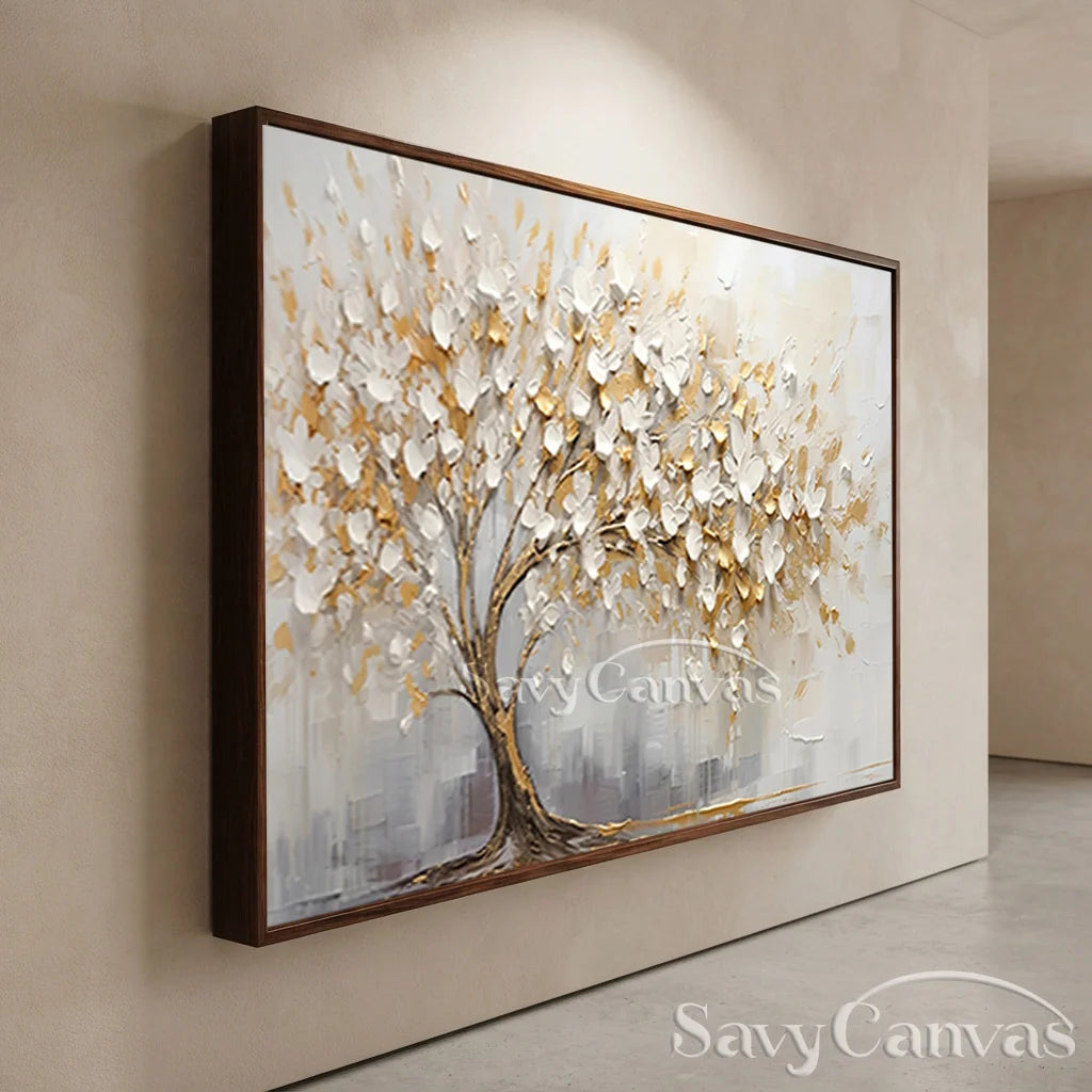 3D Blossom Tree Painting, Handmade White Gold Canvas Artwork  #TC 069