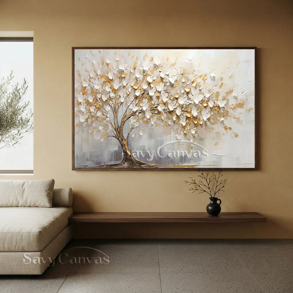 3D Blossom Tree Painting, Handmade White Gold Canvas Artwork  #TC 069