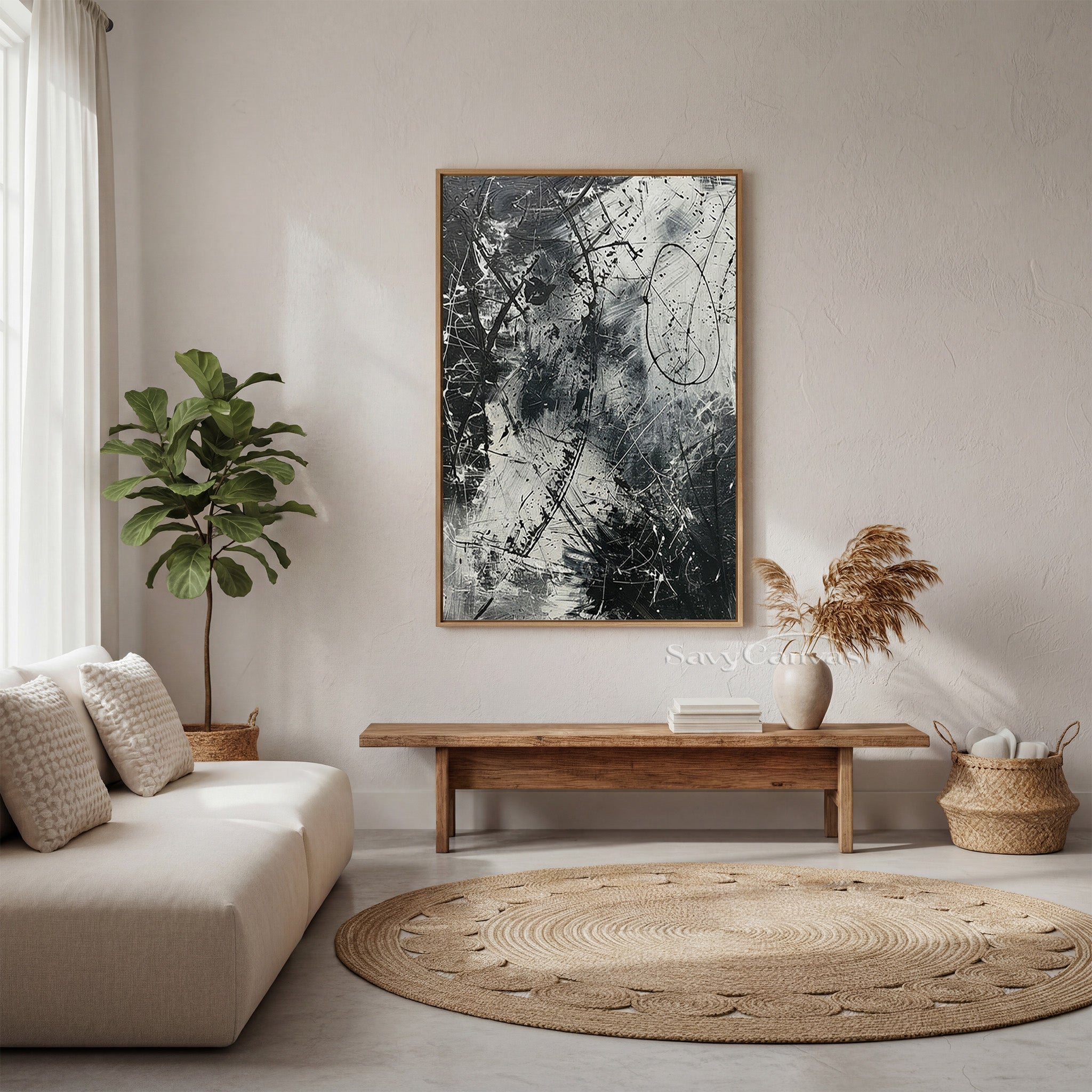 Dynamic Black and White Abstract Painting- Hand-Painted Textured Canvas #JJ 446