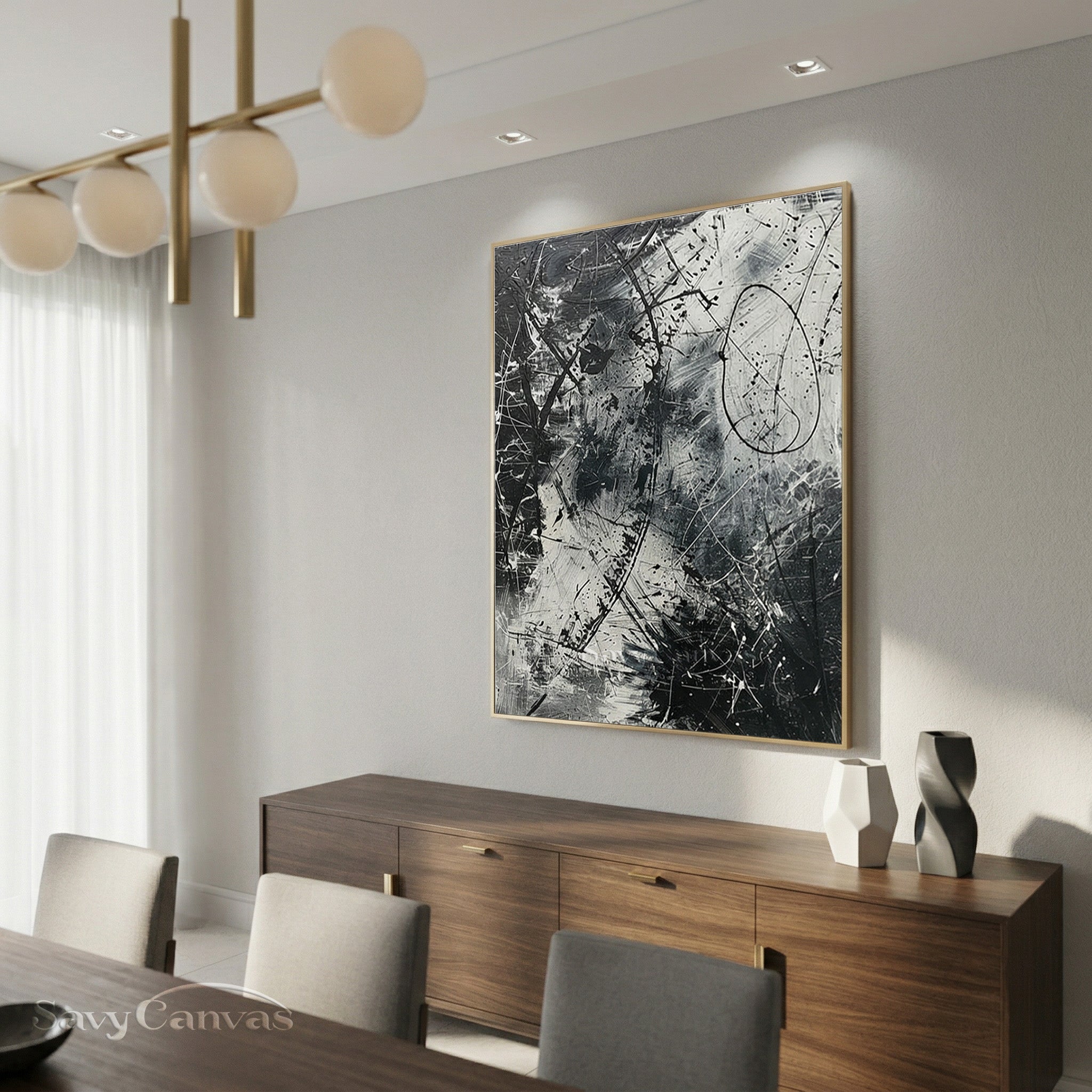Dynamic Black and White Abstract Painting- Hand-Painted Textured Canvas #JJ 446