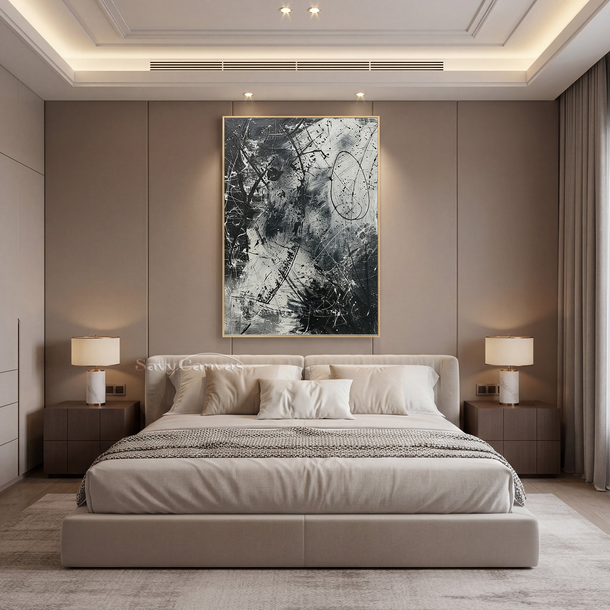 Dynamic Black and White Abstract Painting- Hand-Painted Textured Canvas #JJ 446