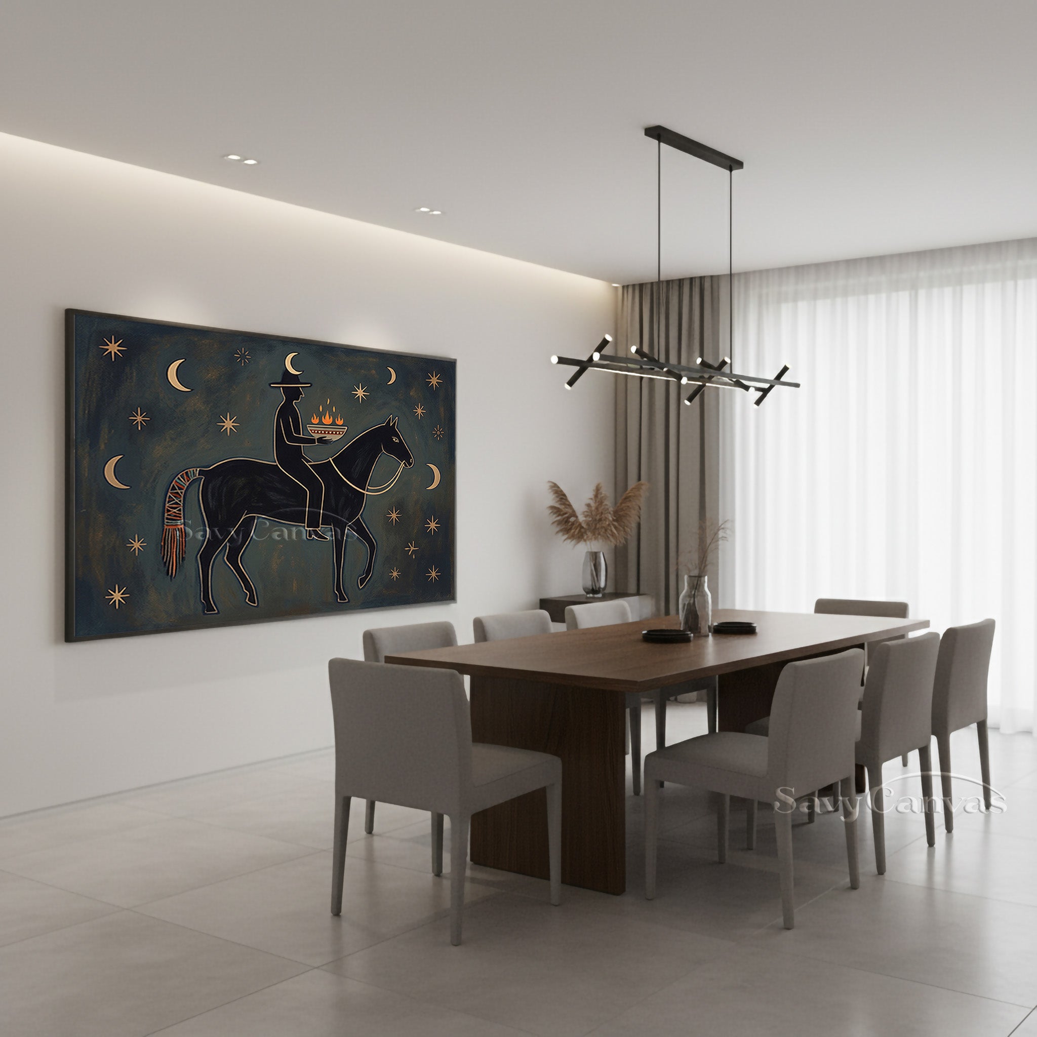 Mystic Night Rider Folk Art Canvas - Celestial Horse Painting #SS 037
