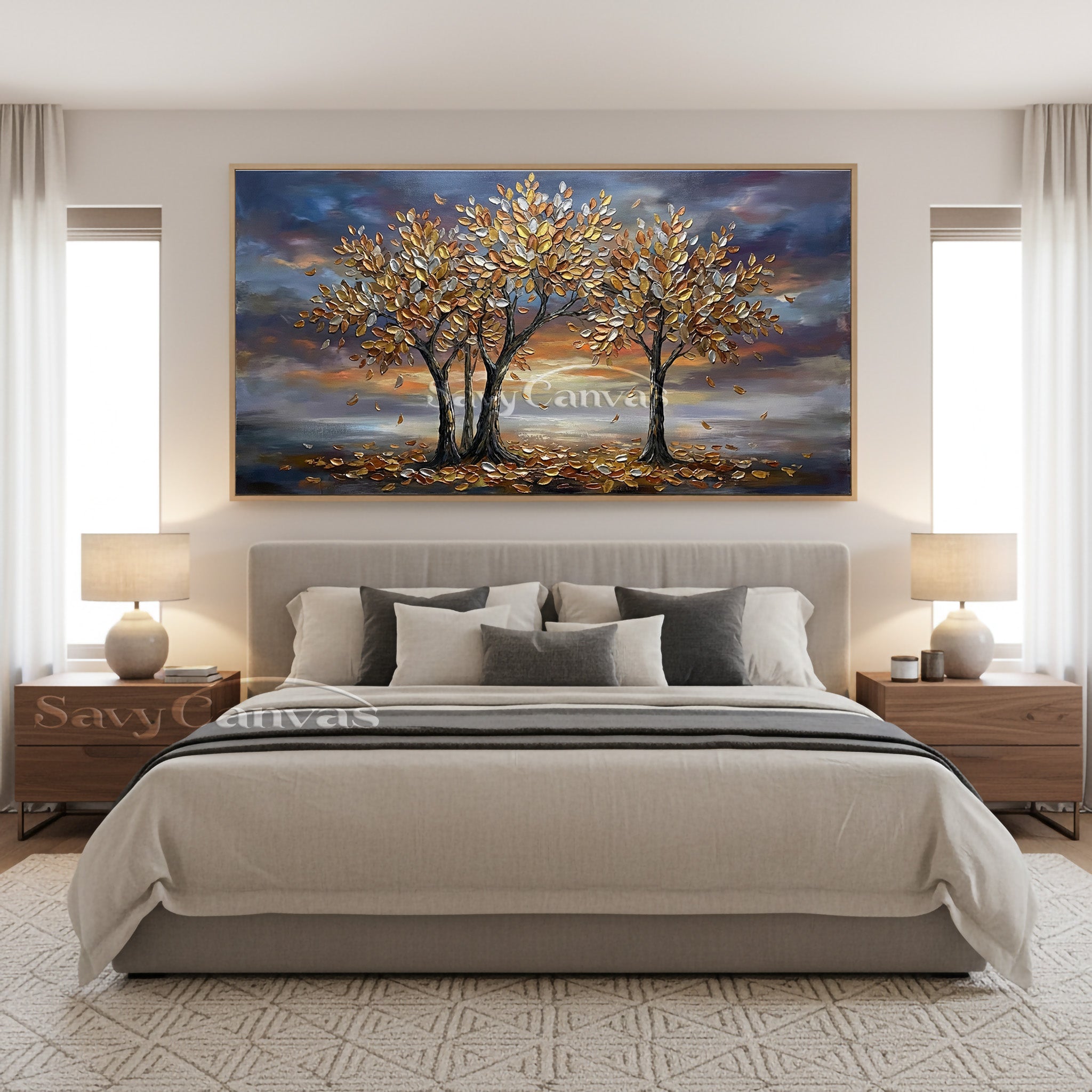 3D Textured Golden Tree Oil Painting - Modern Wall Art for Living Room #SS 034