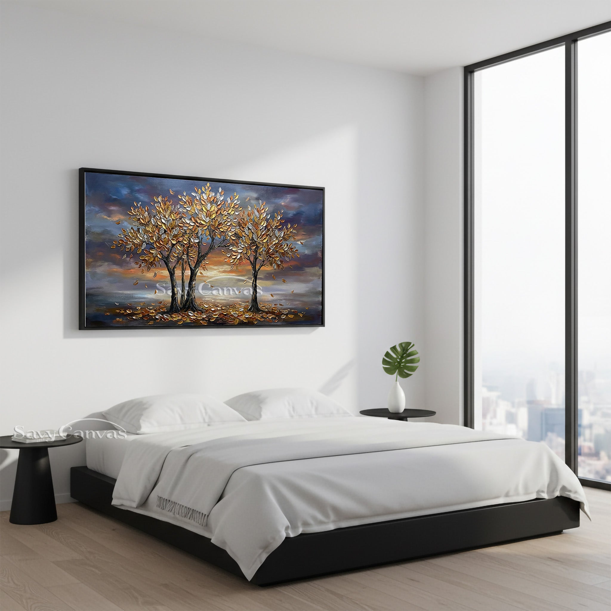 3D Textured Golden Tree Oil Painting - Modern Wall Art for Living Room #SS 034