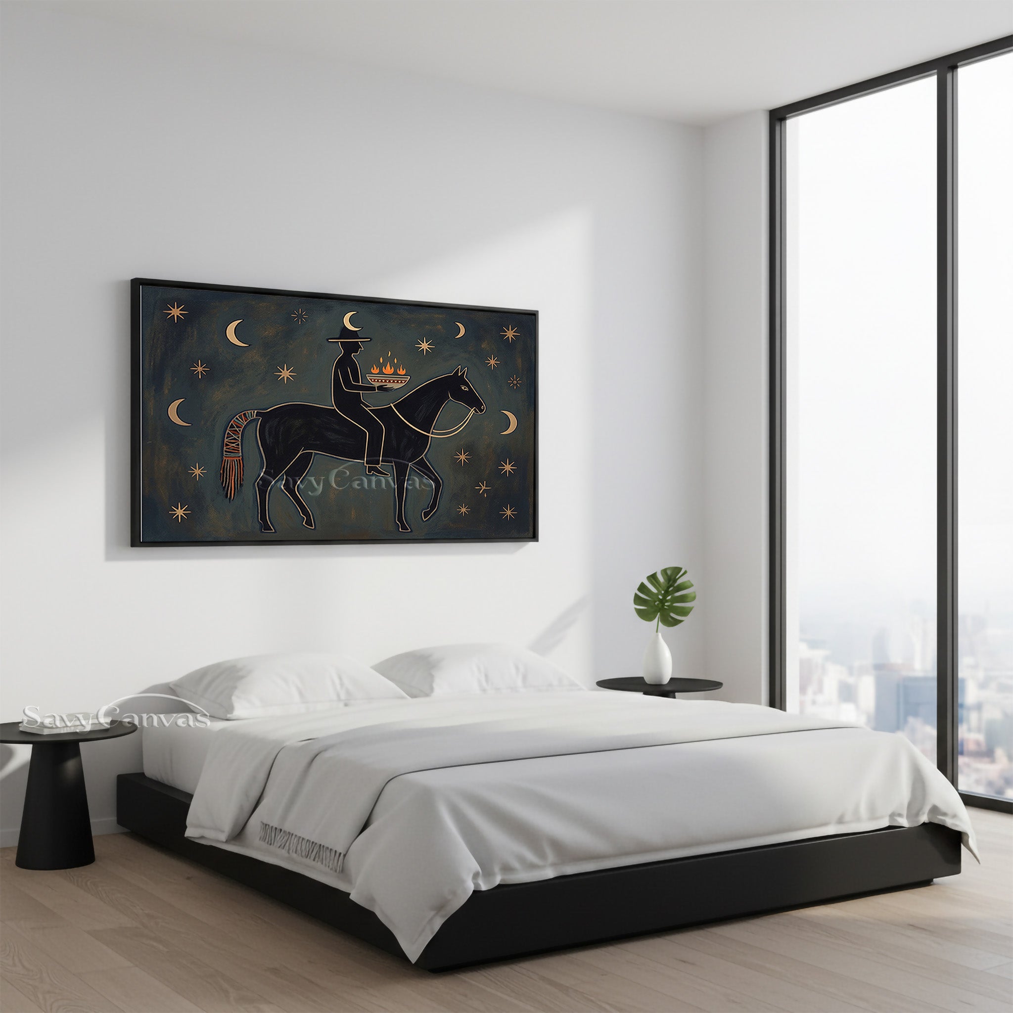 Mystic Night Rider Folk Art Canvas - Celestial Horse Painting #SS 037