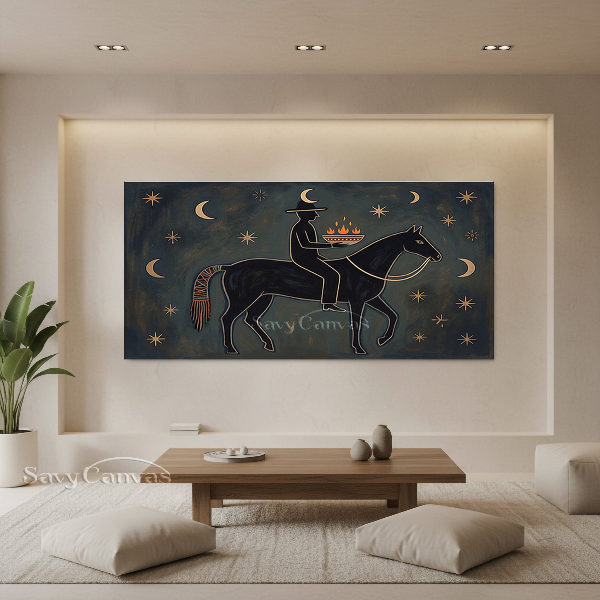 Mystic Night Rider Folk Art Canvas - Celestial Horse Painting #SS 037