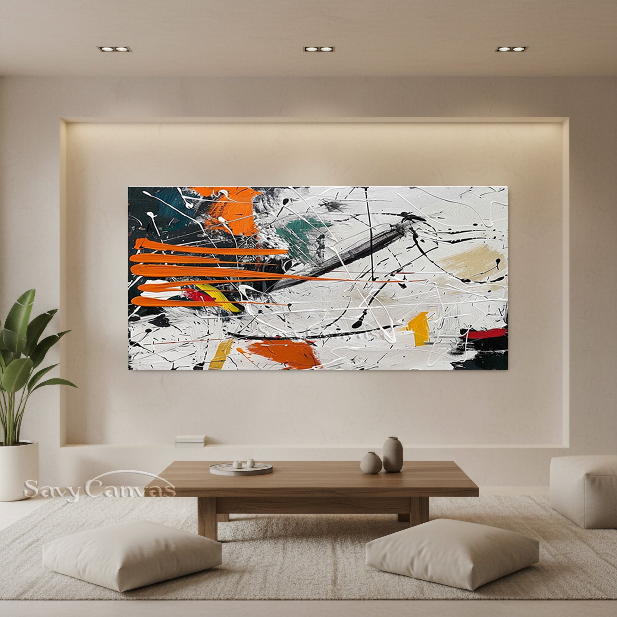 A vibrant abstract expressionist canvas painting full of energetic lines and layered colors. 