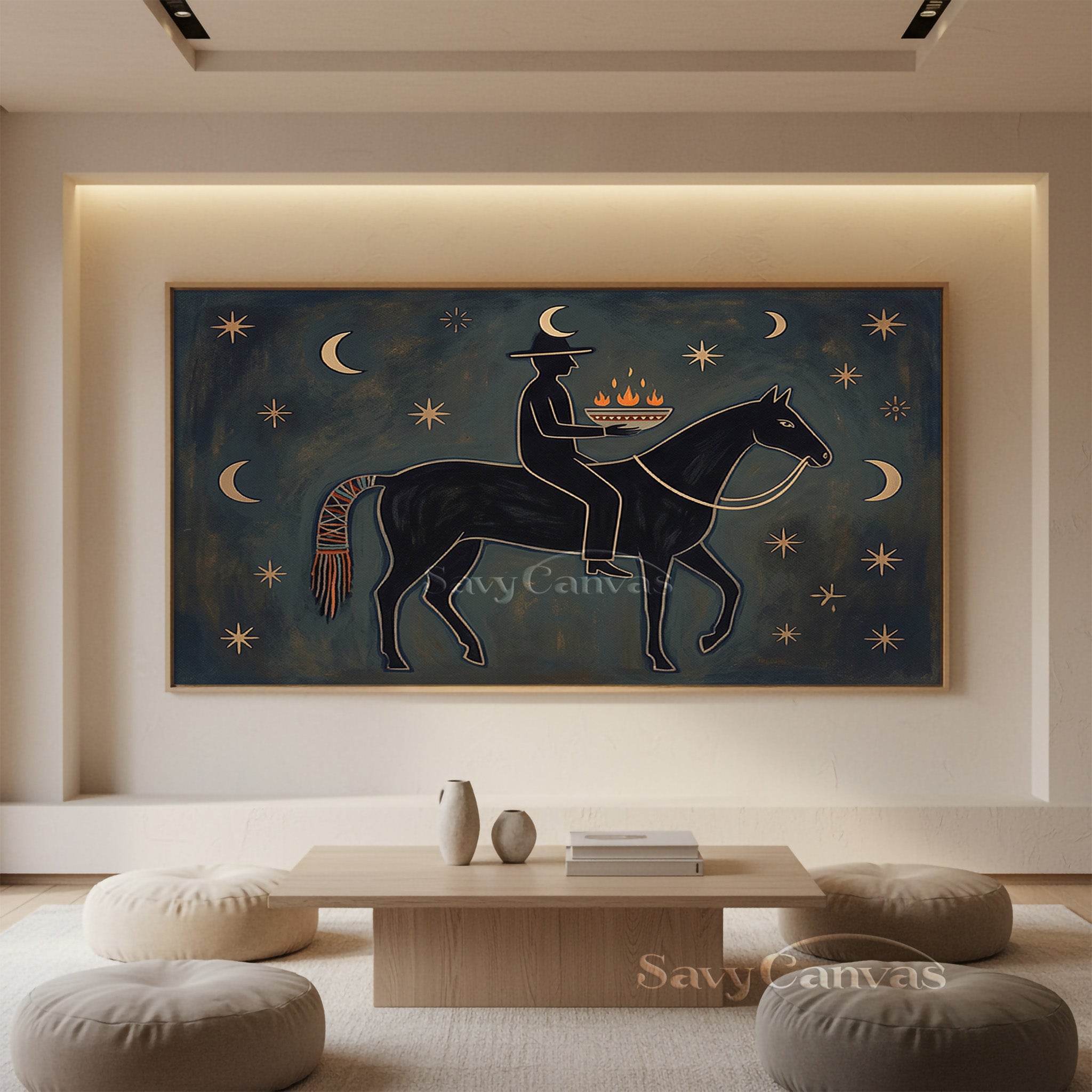 Mystic Night Rider Folk Art Canvas - Celestial Horse Painting #SS 037