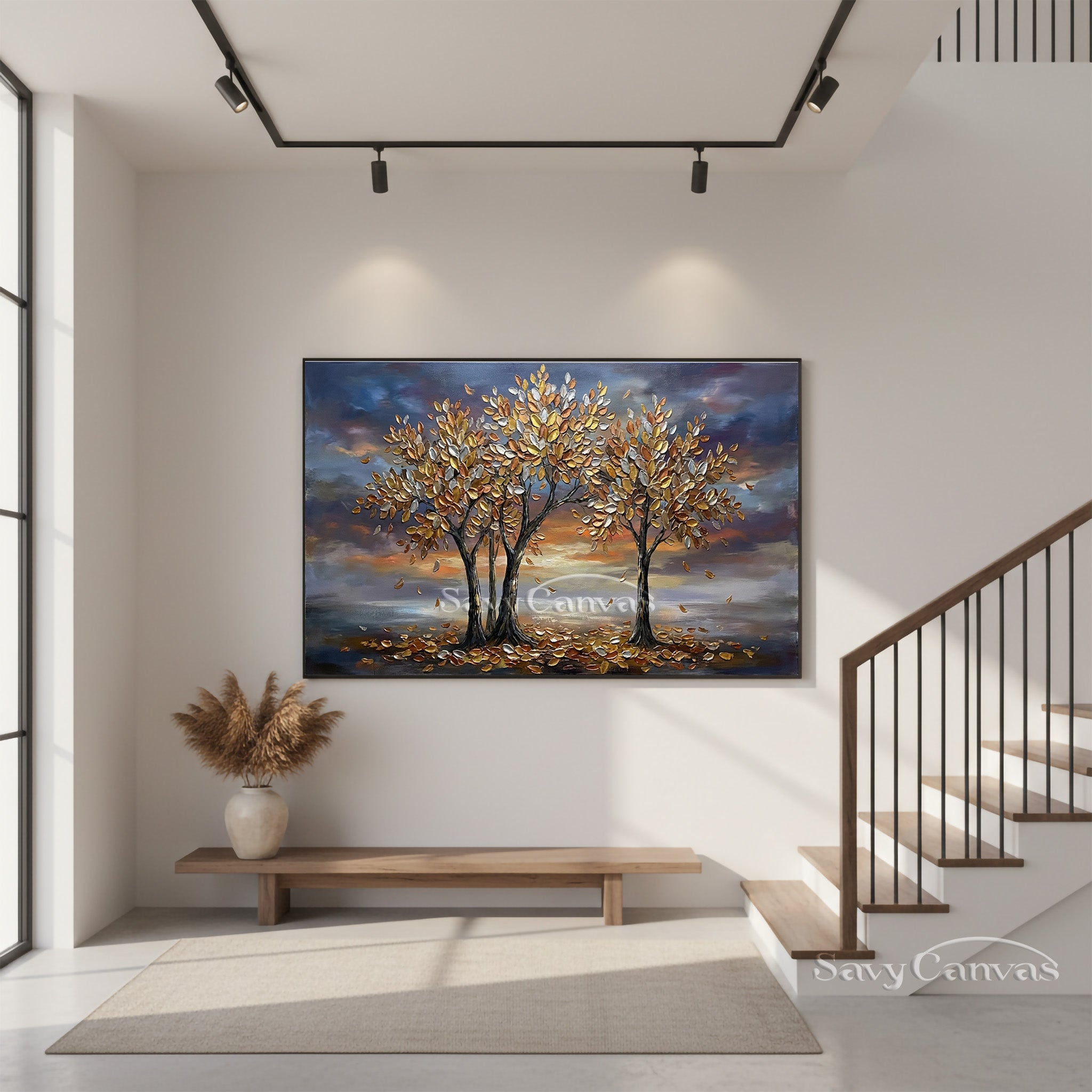 3D Textured Golden Tree Oil Painting - Modern Wall Art for Living Room #SS 034