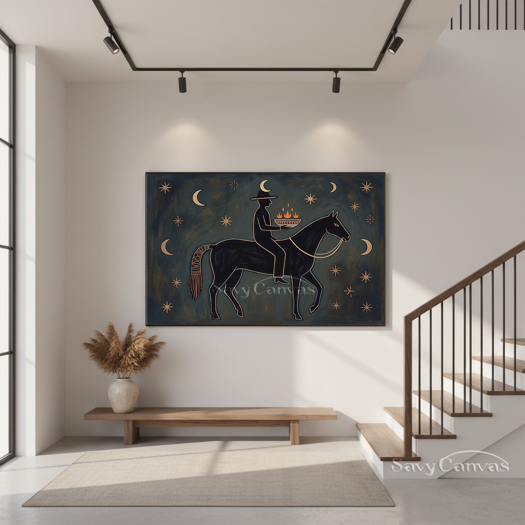 Mystic Night Rider Folk Art Canvas - Celestial Horse Painting #SS 037