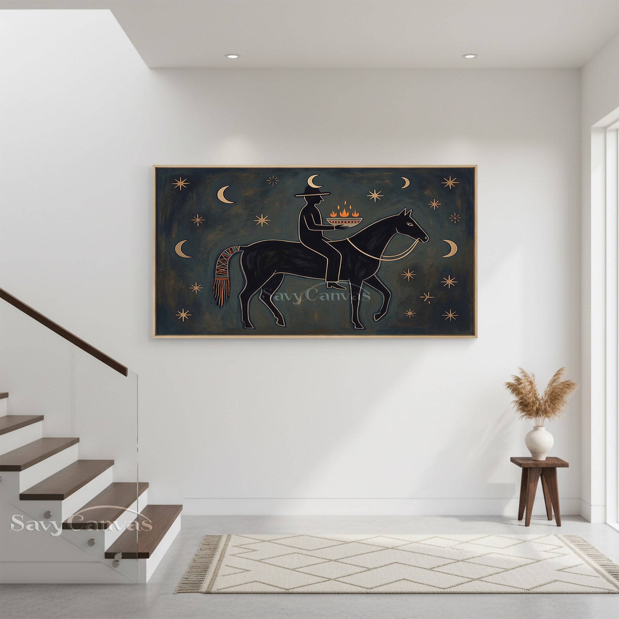 Mystic Night Rider Folk Art Canvas - Celestial Horse Painting #SS 037
