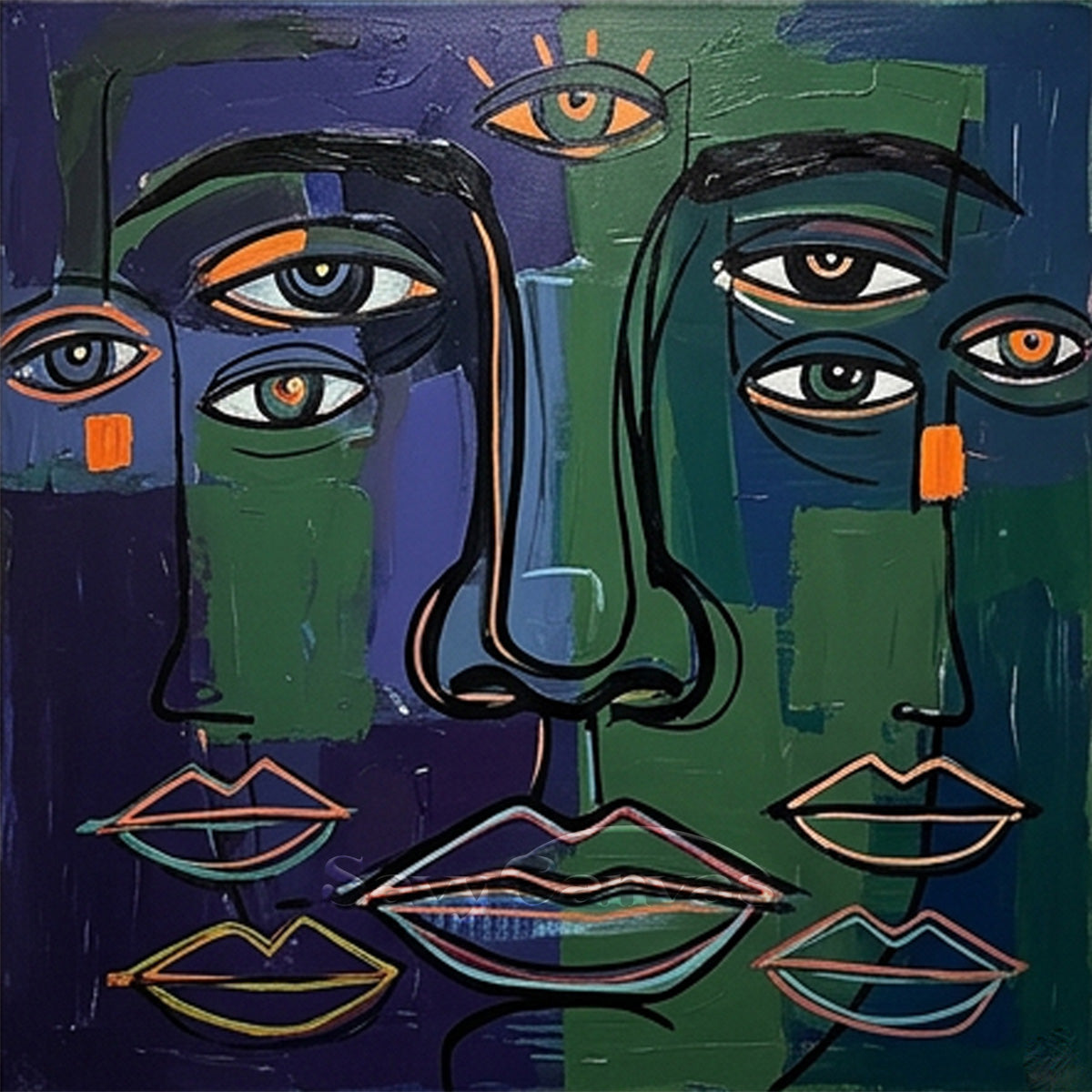 Hand-Painted Surrealist Multi-Face Canvas Art