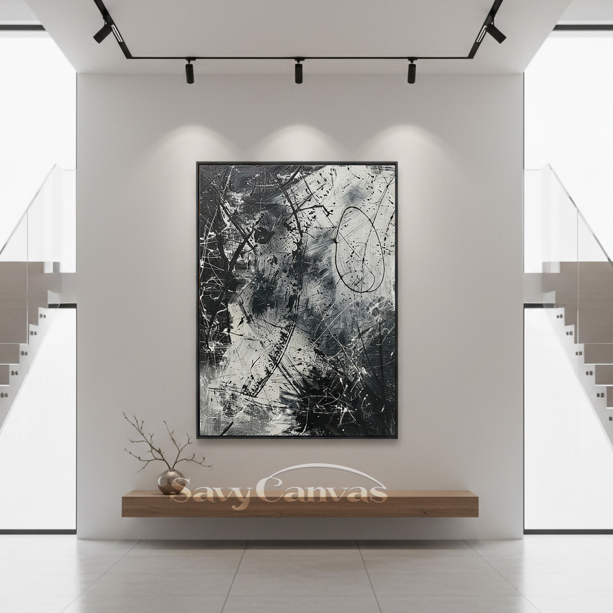 Dynamic Black and White Abstract Painting- Hand-Painted Textured Canvas #JJ 446
