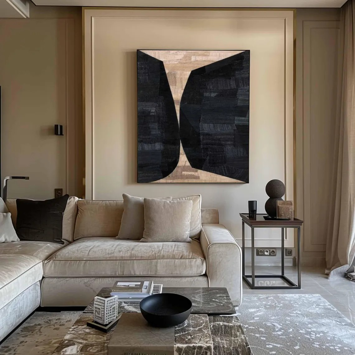 Large Vertical Modern Geometric Art - Black & Beige Contrast  #TC 049