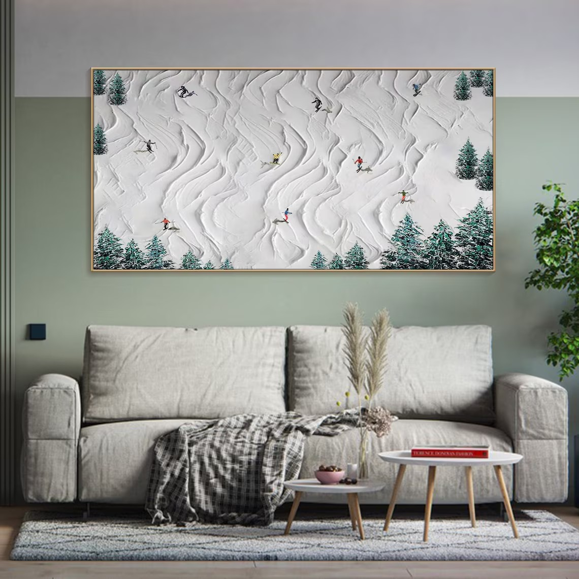 Textured Skiing Art Painting- Handmade Winter Sport  Scene #TC 096