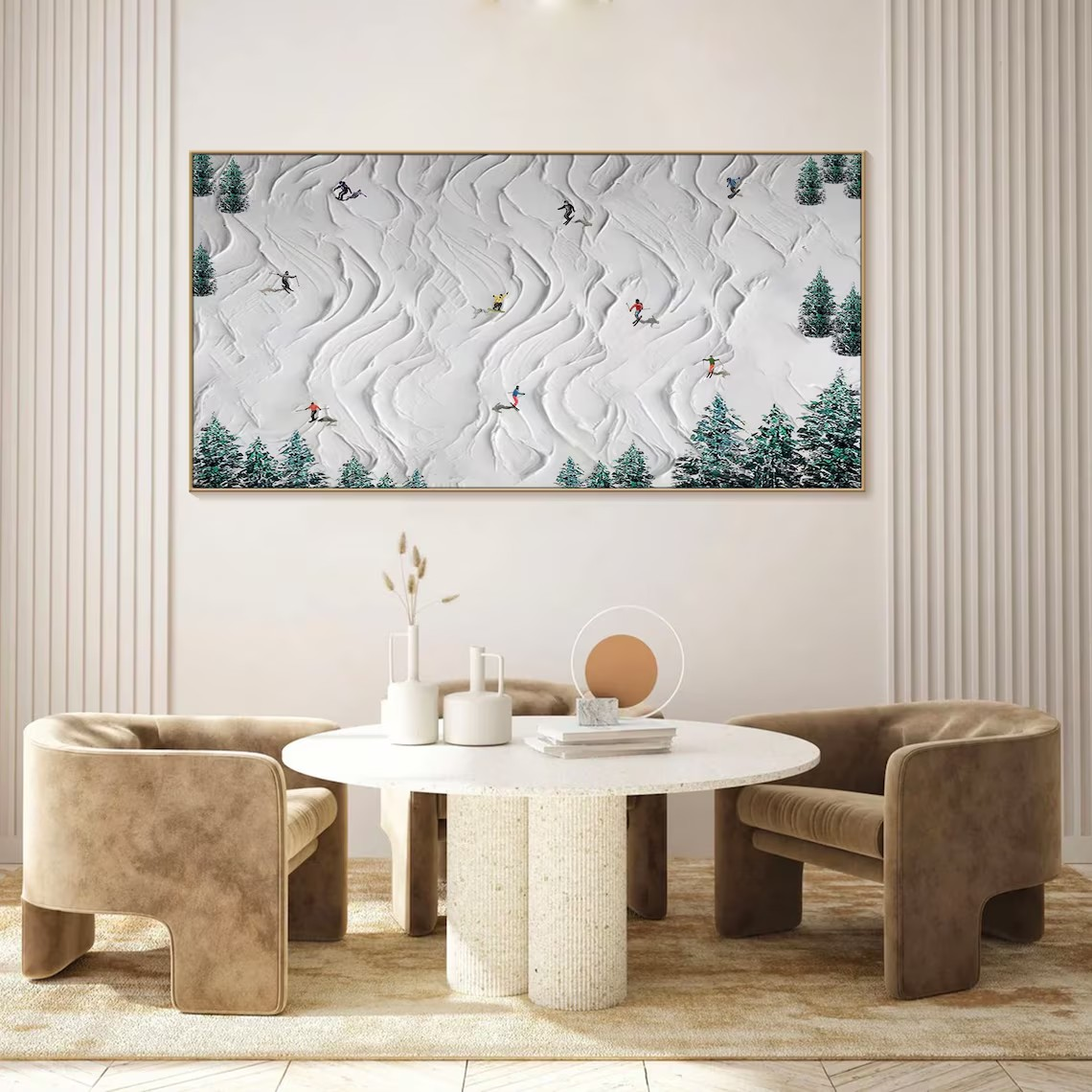 Textured Skiing Art Painting- Handmade Winter Sport  Scene #TC 096