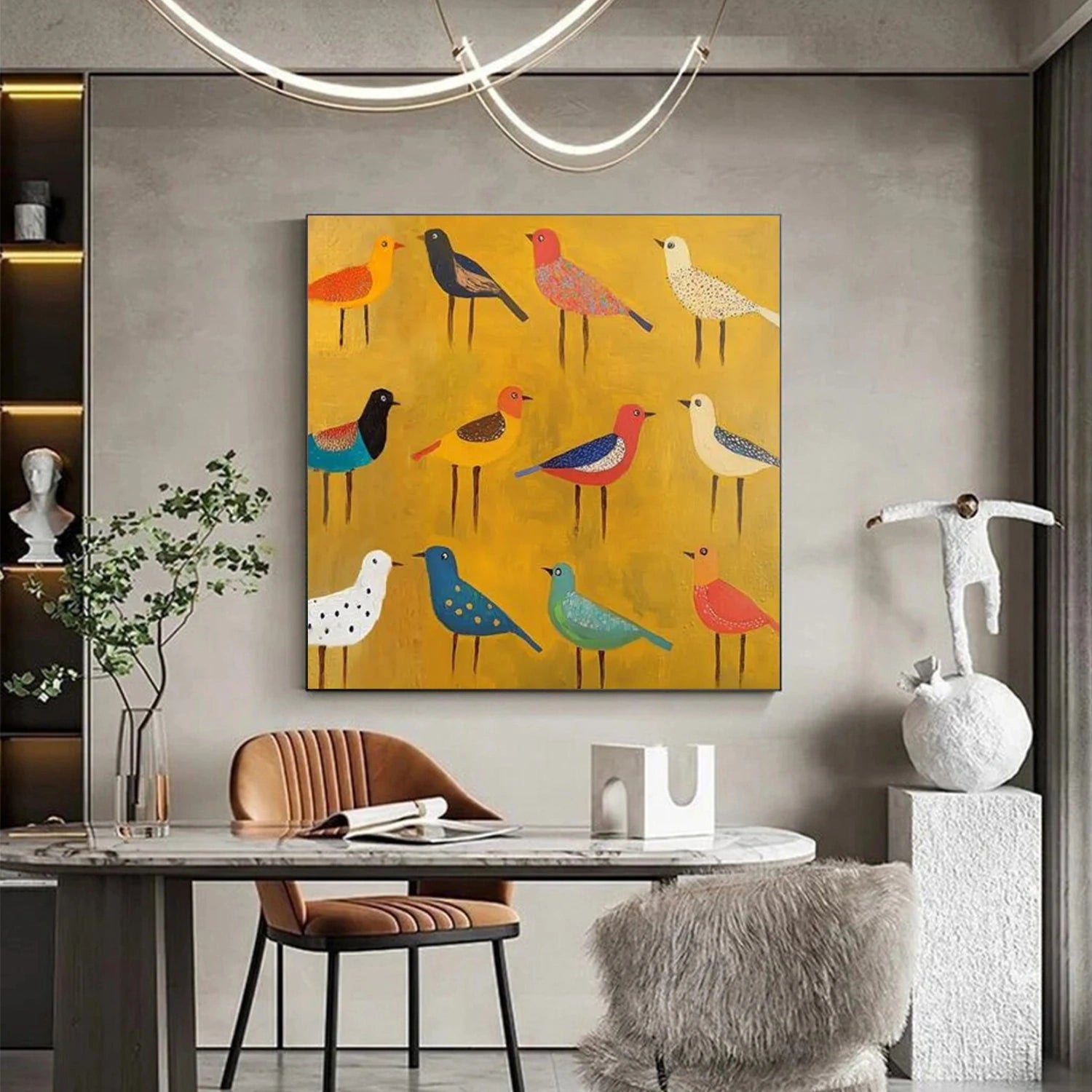 Large Abstract Bird Painting | Colorful Square Wall Art Decor Folk Art Style