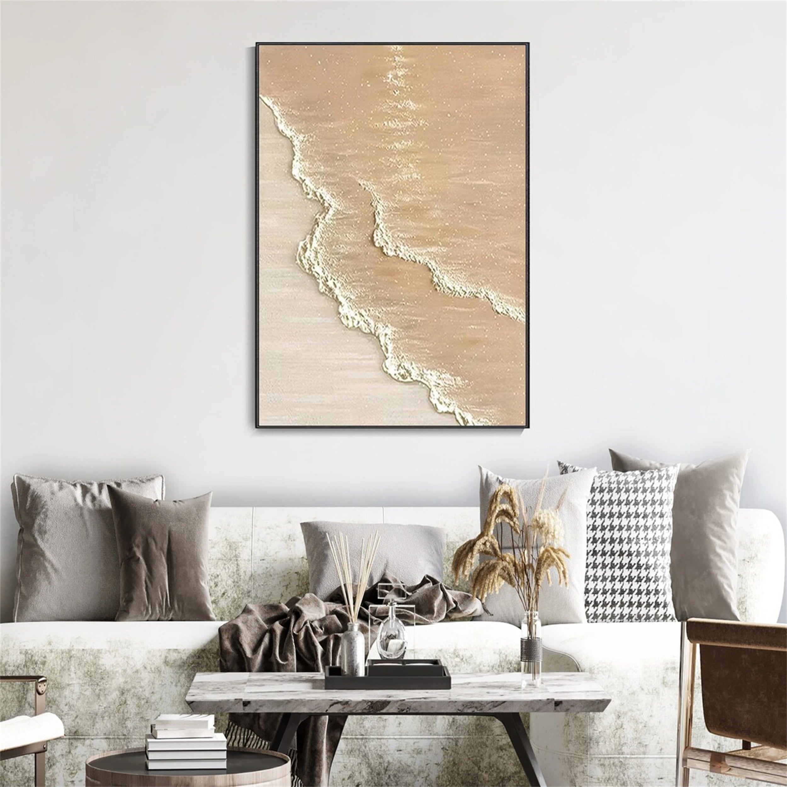 Calm Coastal Sand Textured Abstract - Beige and White Minimalist Oil Painting # JJ 133