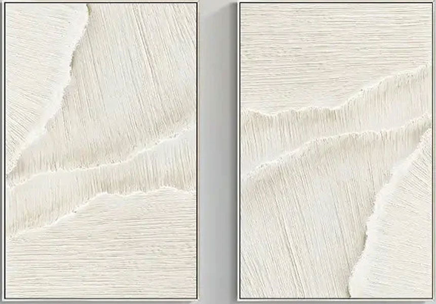 Textured White Diptych | Set of 2 Abstract Linear Wall Art Paintings #JJ 087