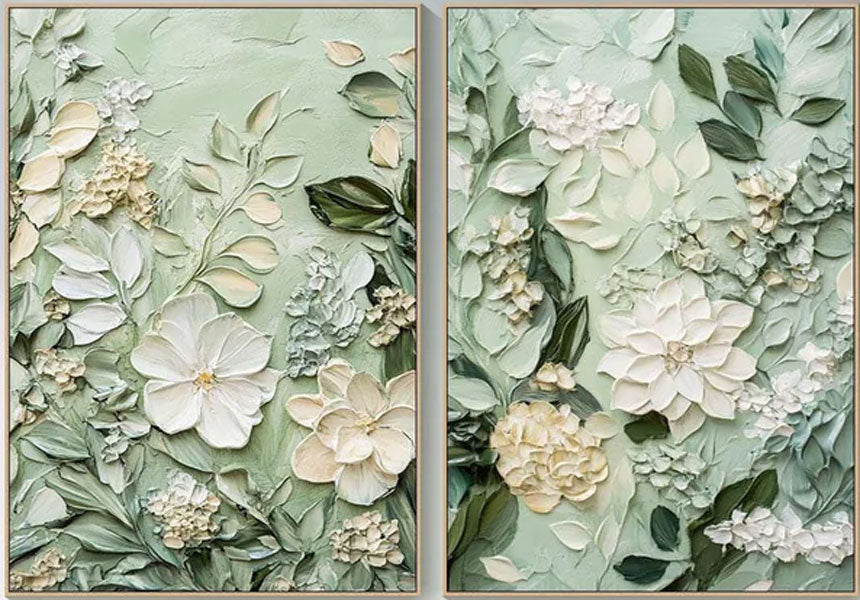 Modern 3D Embossed Floral Art, Light Green Fresh Diptych #TB 063