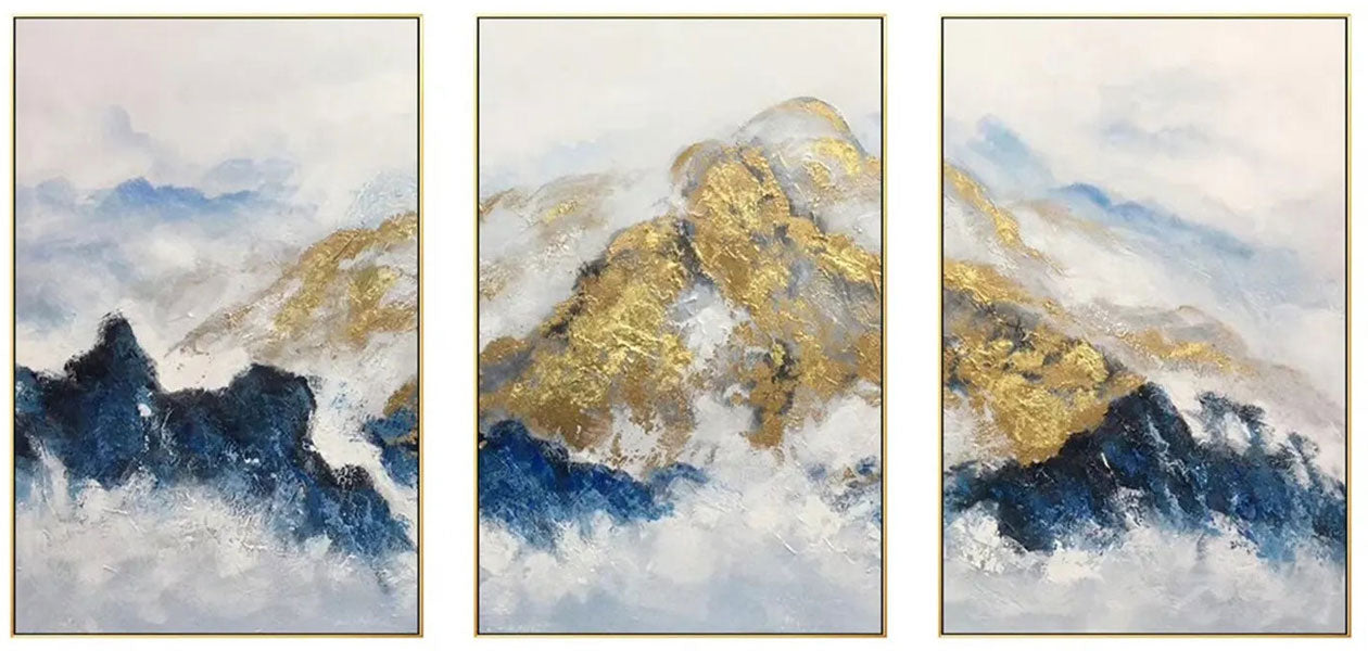 Abstract Wall Art Set of 3 – Gold and Blue Mountain Canvas #JJ 419