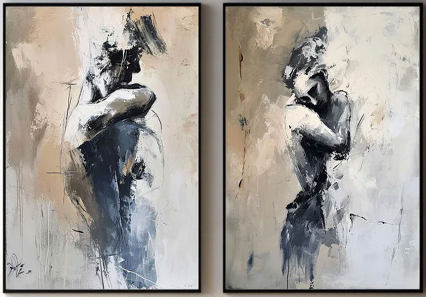 Modern Expressive Figure Art, Beige Gray Abstract Diptych #TB 086