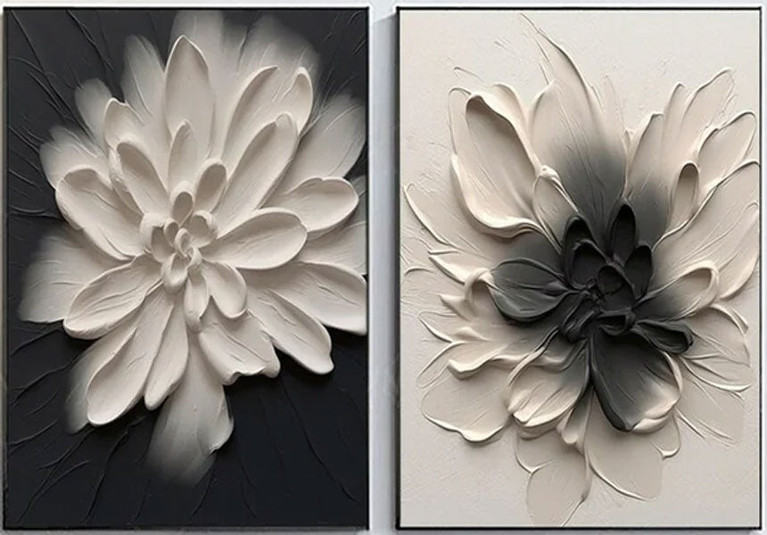 3D Textured Flower Painting Set | Black & White Floral Diptych Art #JJ 085