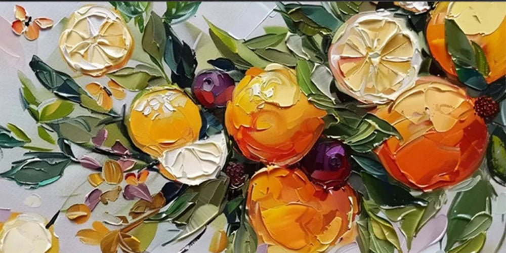 Large Abstract Fruit & Leaf Canvas | Vibrant Kitchen Wall Art #JJ 314