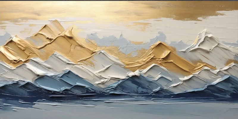 Gold & Blue Textured Mountain Art - Abstract Sunset Landscape #JJ 380
