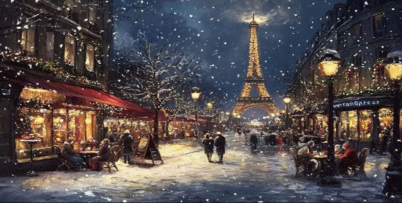 Paris Winter Night Snow Painting, Modern Romantic City #TB 081